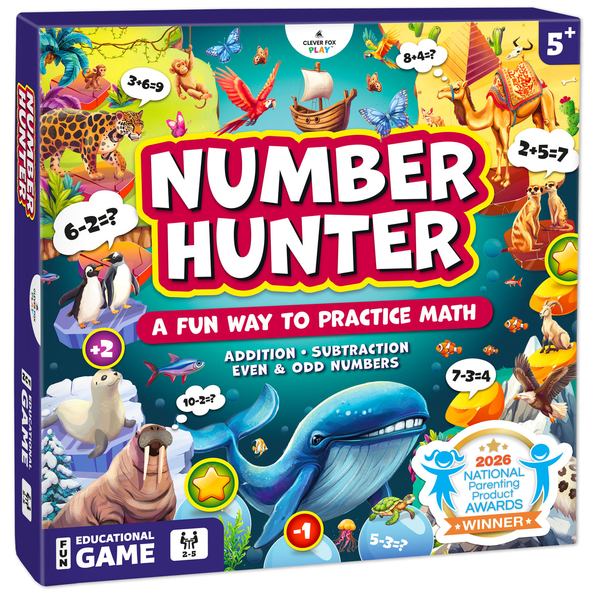 Number Hunter Addition and Subtraction Math Board Game for Kids 5-7
